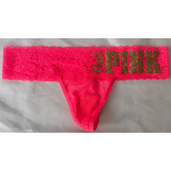 NWT Vintage Victoria’s Secret PINK Love Pink Lace V String Thong Panties Size XS - Picture 1 of 4